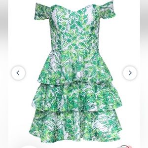 Lilly Pulitzer green/white leaf off the shoulder dress size 2